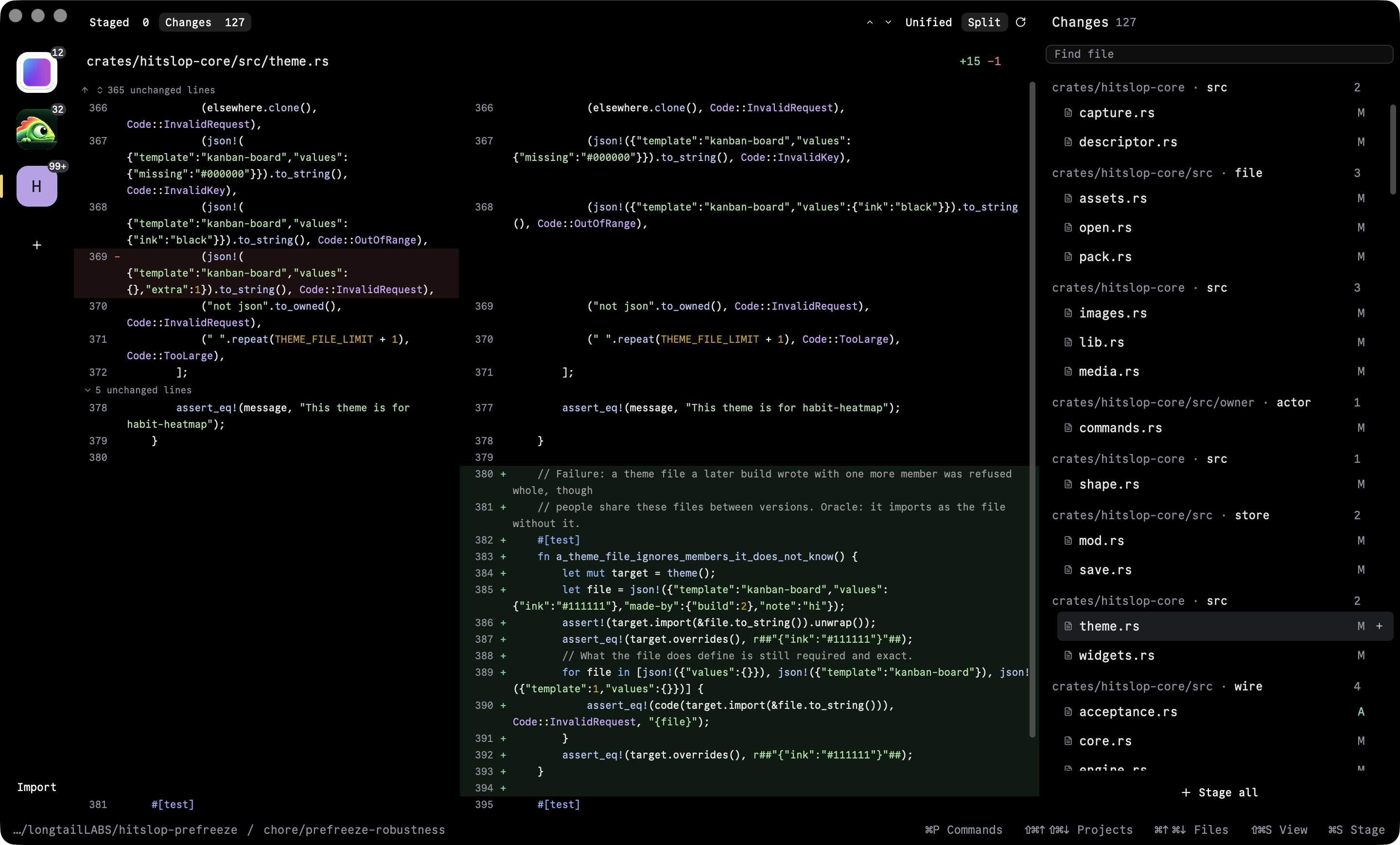Diffy in split view: original and changed code, project icons with change-count badges on the left, changed files on the right, and keyboard shortcuts along the bottom.